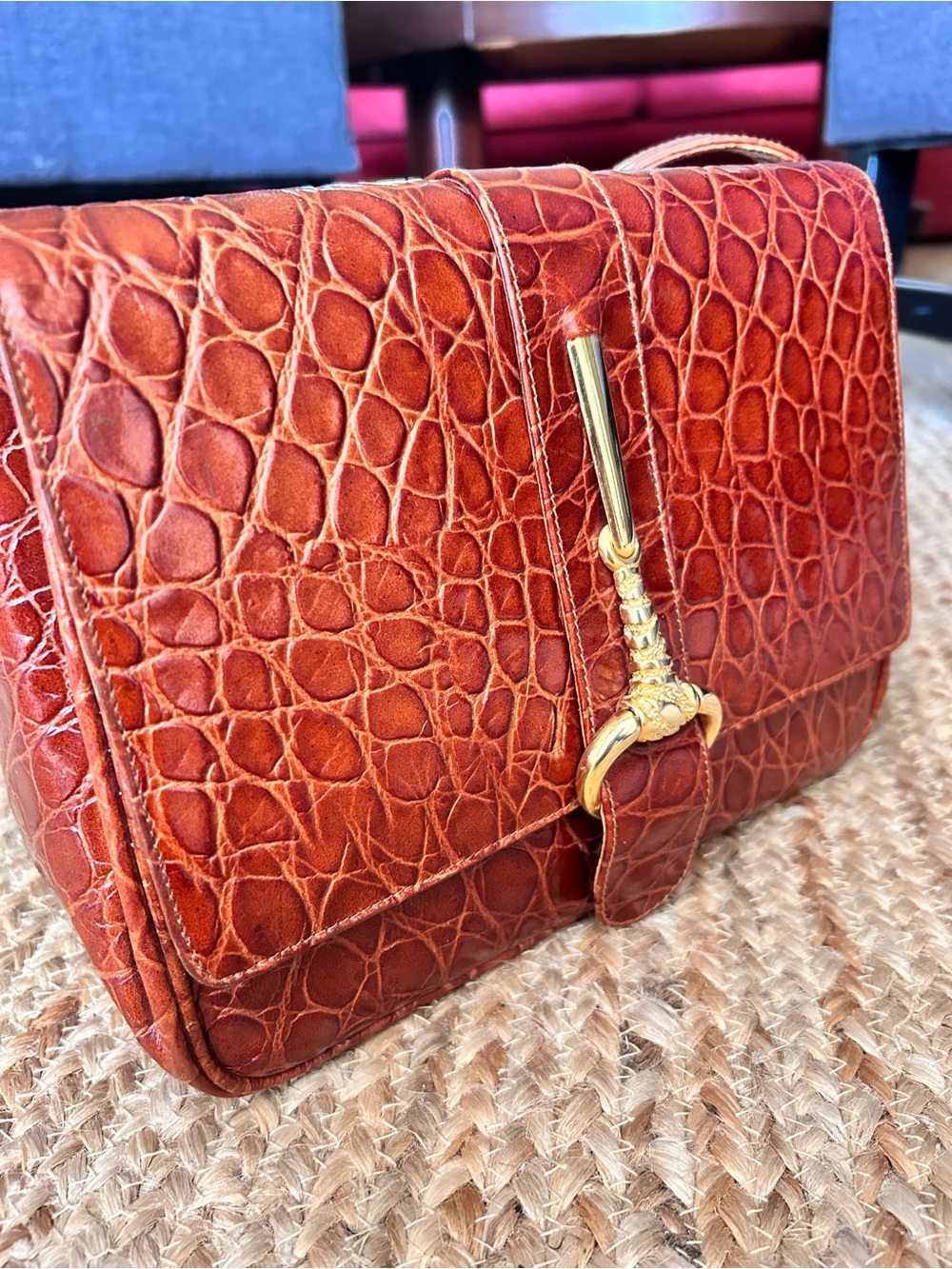 RODO- made in Italy Women's Croc-Embossed Leather Shoulder Bag in Burnt brown